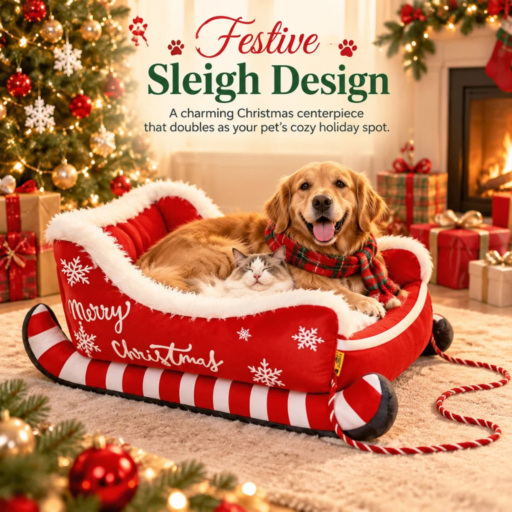 Christmas Sleigh Plush Pet Bed – Cozy Festive Holiday Bed for Dogs & Cats