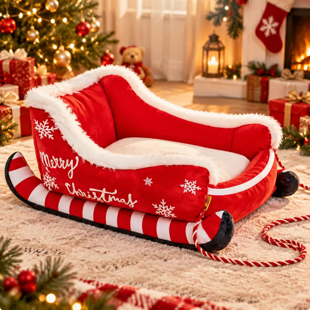 Christmas Sleigh Plush Pet Bed – Cozy Festive Holiday Bed for Dogs & Cats