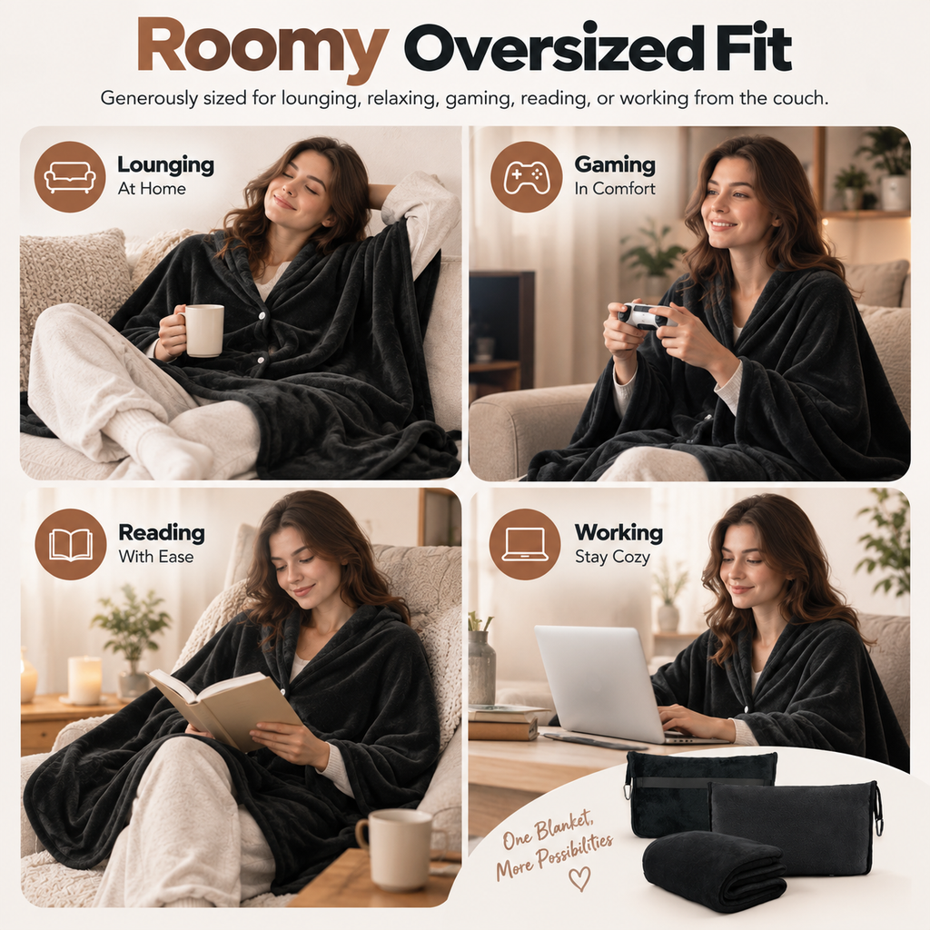 Cozy Oversized Flannel Wearable Blanket – Soft & Foldable Travel Wrap