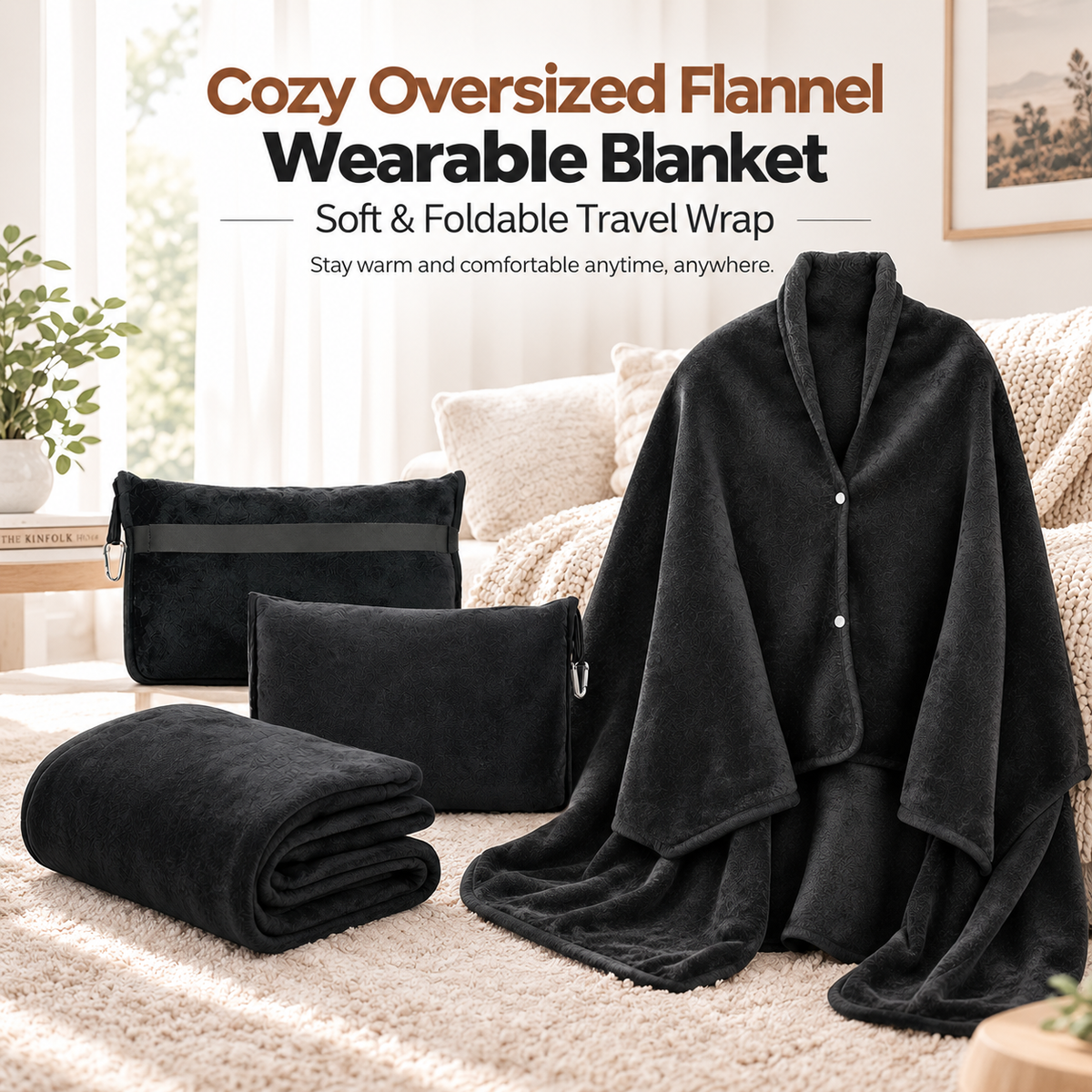 Cozy Oversized Flannel Wearable Blanket – Soft & Foldable Travel Wrap